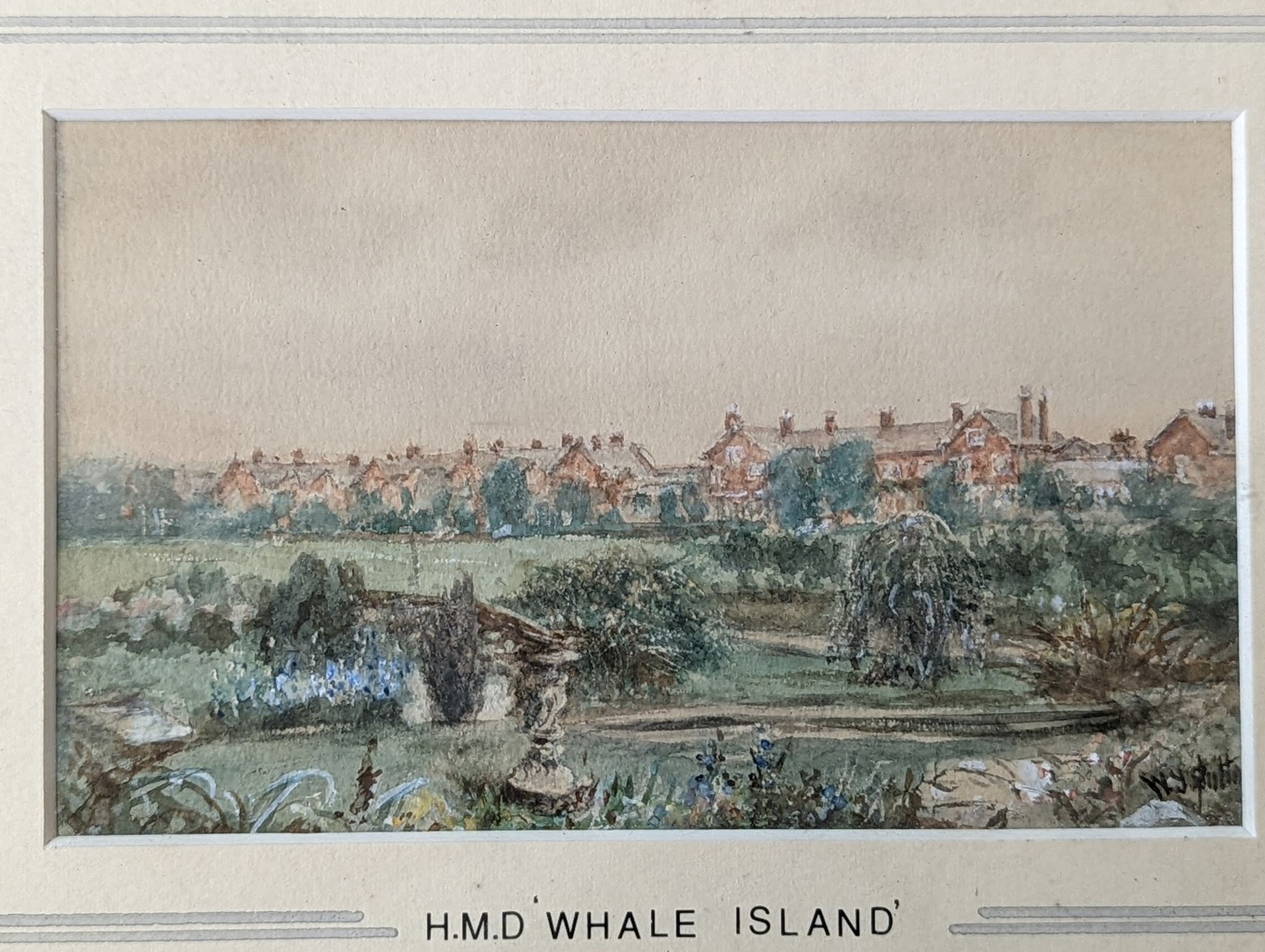 W. Y. Sutton, watercolour, H.M.D. Whale Island, signed, 8 x 14cm, with a pair of sporting magazine coloured engravings